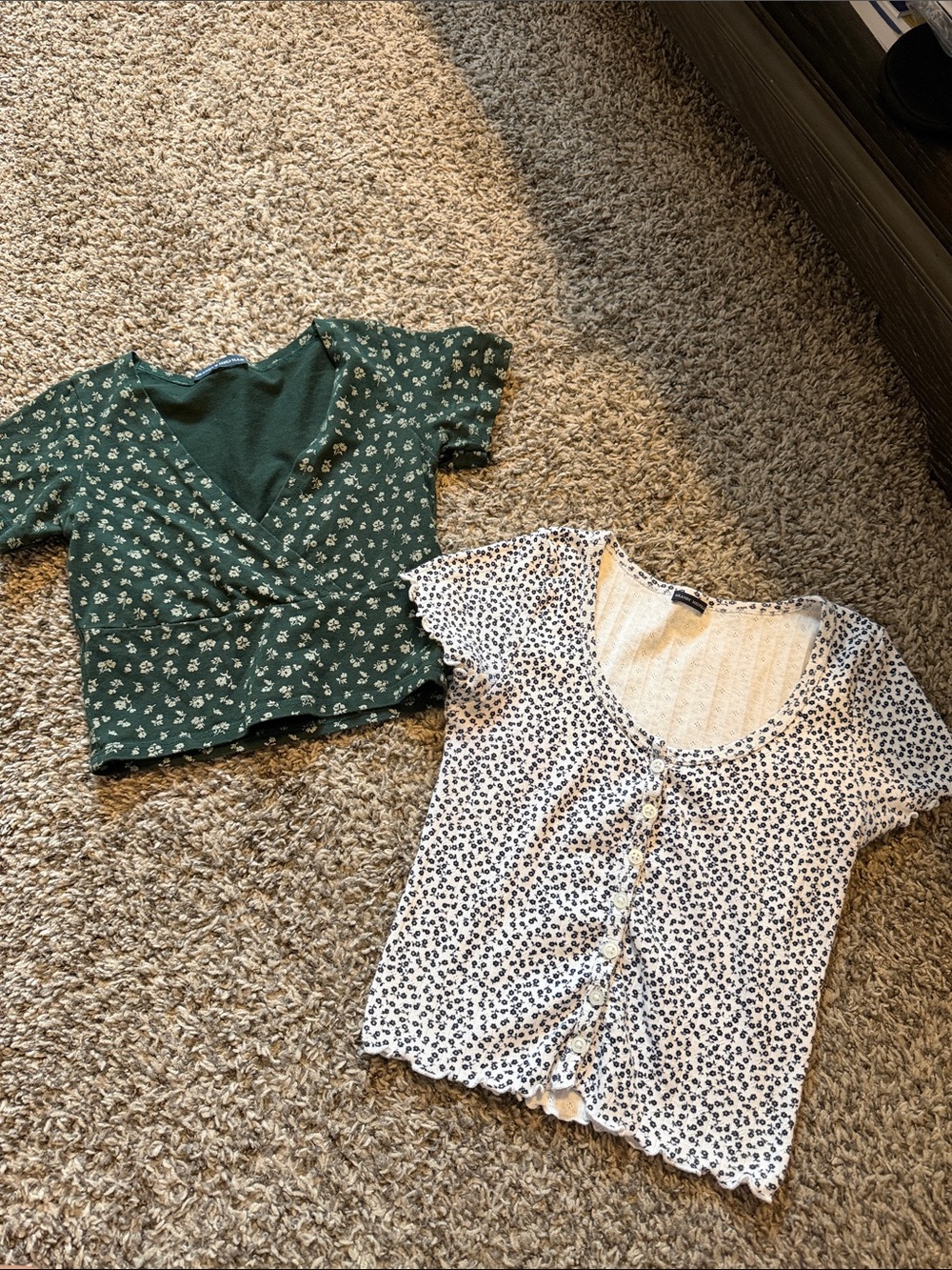 Brandy Melville Green Floral Wrap Crop Top and white floral top